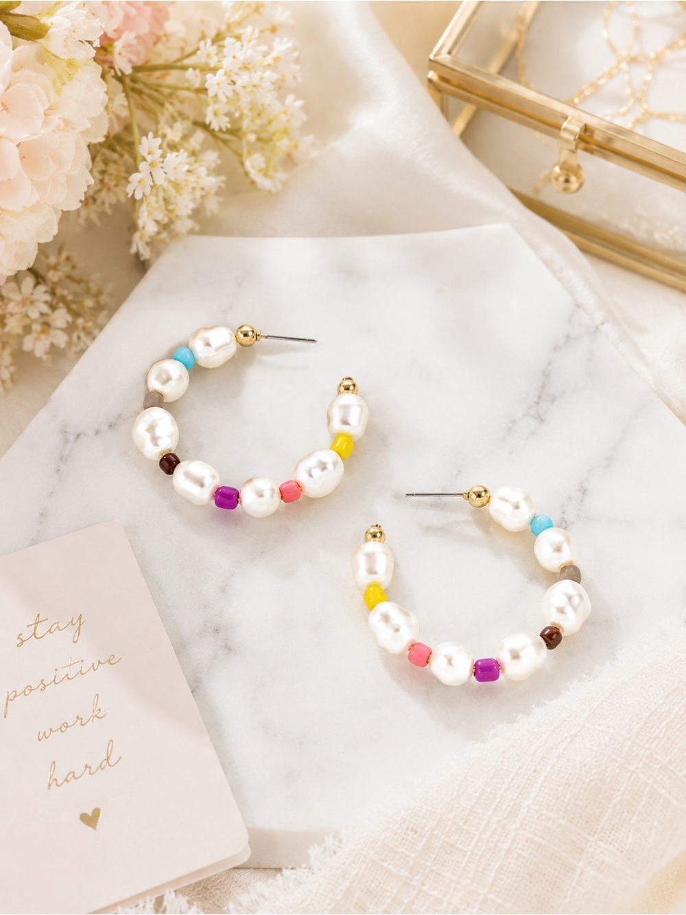 J.Crew Rainbow Beaded Faux Pearl Hoop Earrings | Colorful Resort Chic